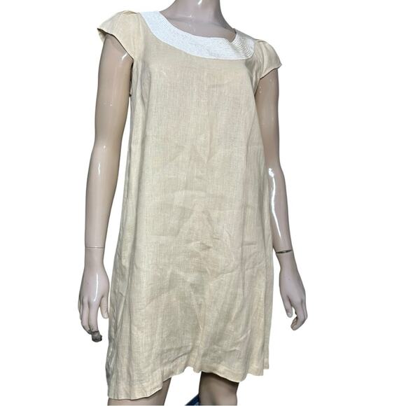 Calypso St Barth Women’s Size M Tan Beige Linen White Sequin Neck Mini Dress - Picture 1 of 10